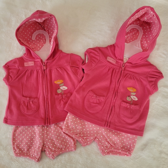 CARTER'S ♡ 2pc Pink Floral Short Sleeve Zip Front Hoodie w/Polka Dot Shorts NB - Picture 3 of 17